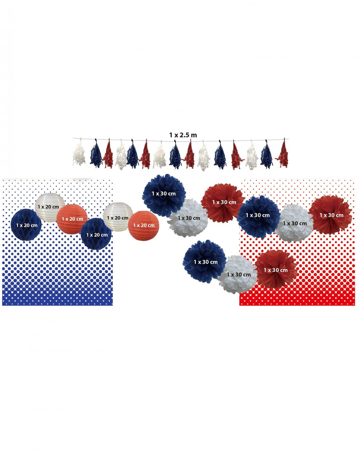 Kit de decorações frança para adepto azul branco vermelho com lanternas e pompons