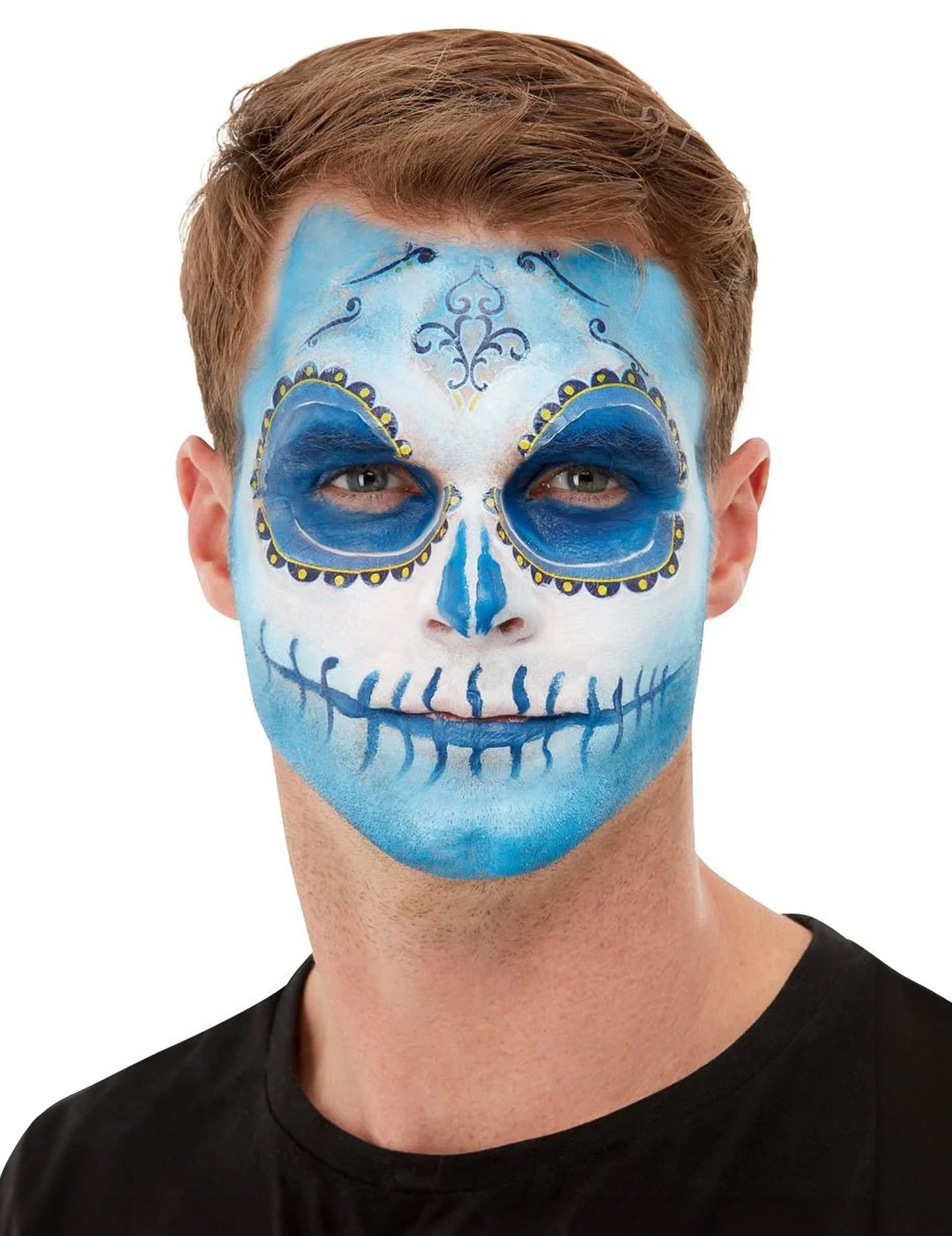 Gros plan sur le maquillage bleu du kit maquillage et tatoo Dia de los Muertos