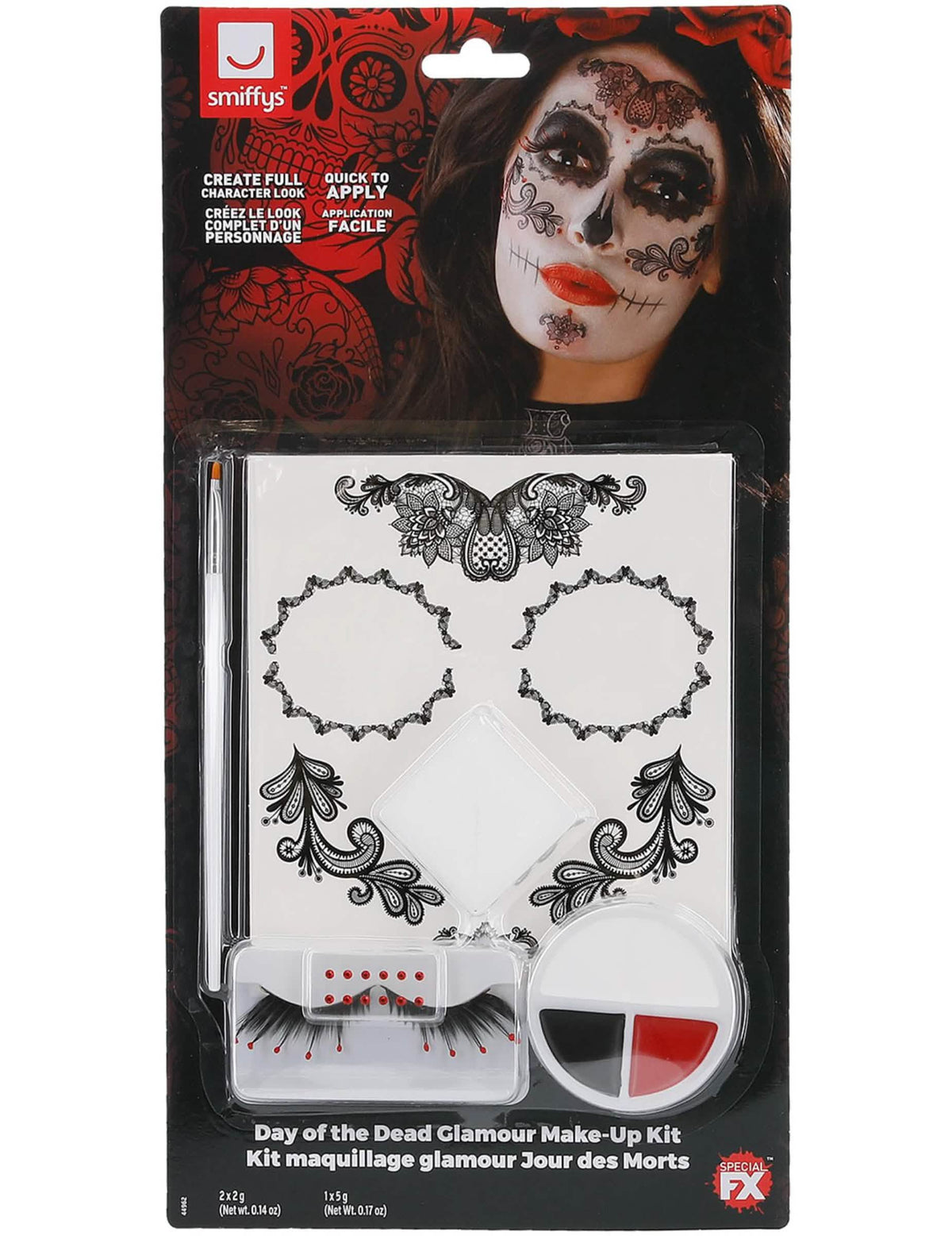 Vista da embalagem do kit de maquilhagem glamoroso com pestanas falsas e jóias Dia de los muertos