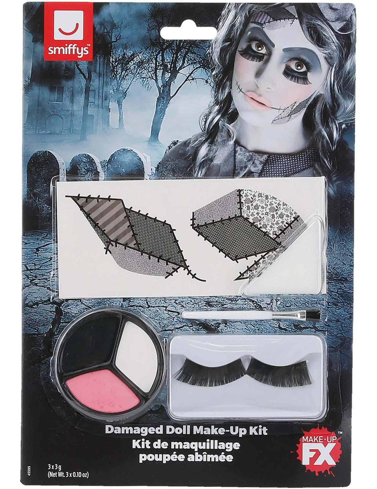 Detalhes dos acessórios e da embalagem do kit de maquilhagem de boneca halloween