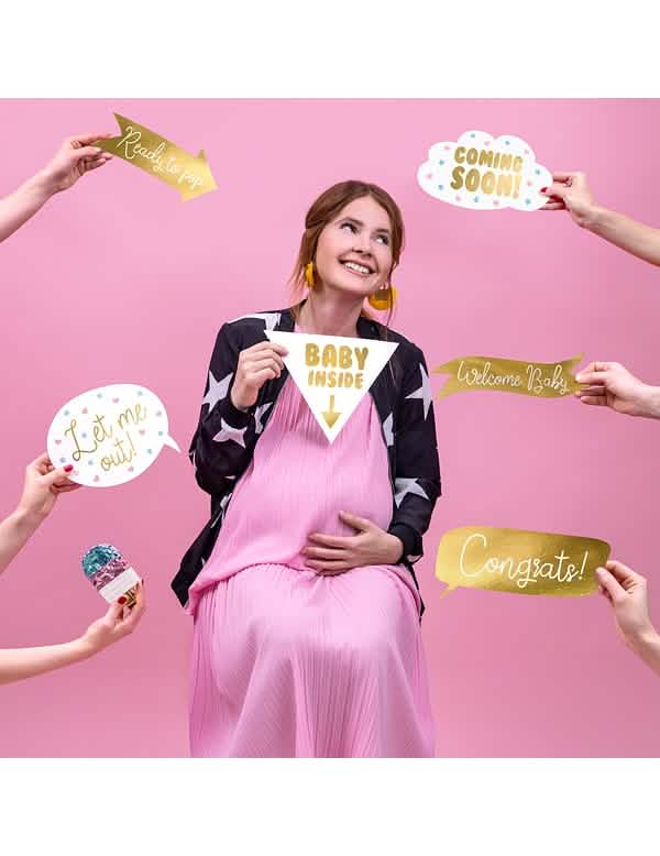 Cenário do kit photobooth baby shower branco e dourado 6 peças