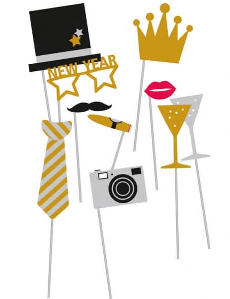 Kit photobooth de Ano Novo para réveillon preto e dourado com 10 acessórios