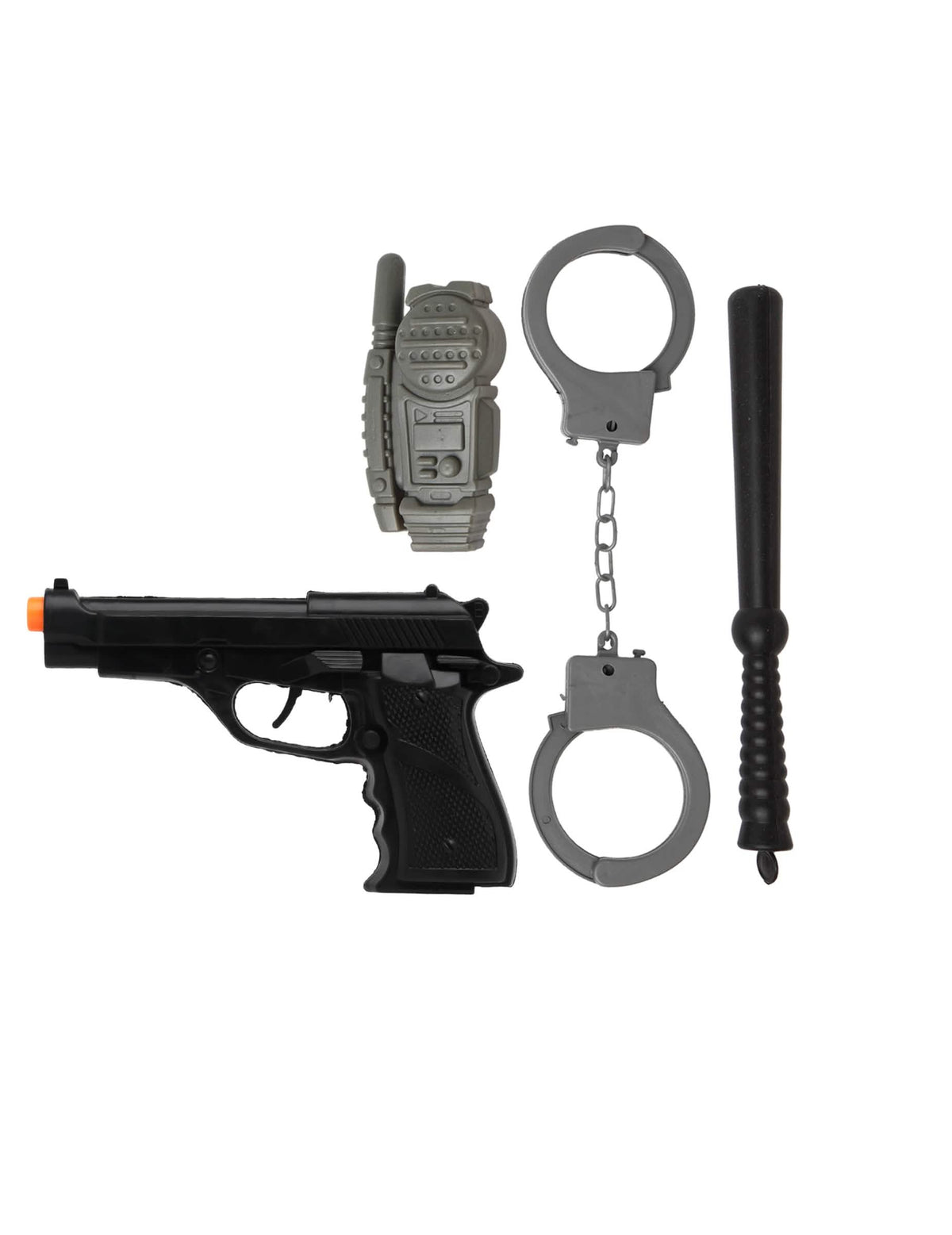 Detalhe da pistola, walkie-talkie, algemas e bastão do kit de acessórios de polícia