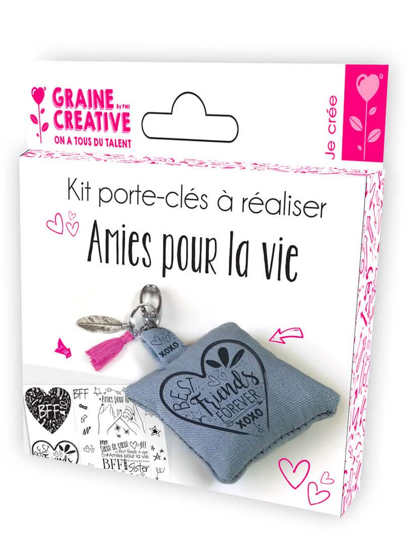 Kit porta-chaves para fazer amigas para a vida para criança, almofada cinzento para personalizar e pompom cor de rosa