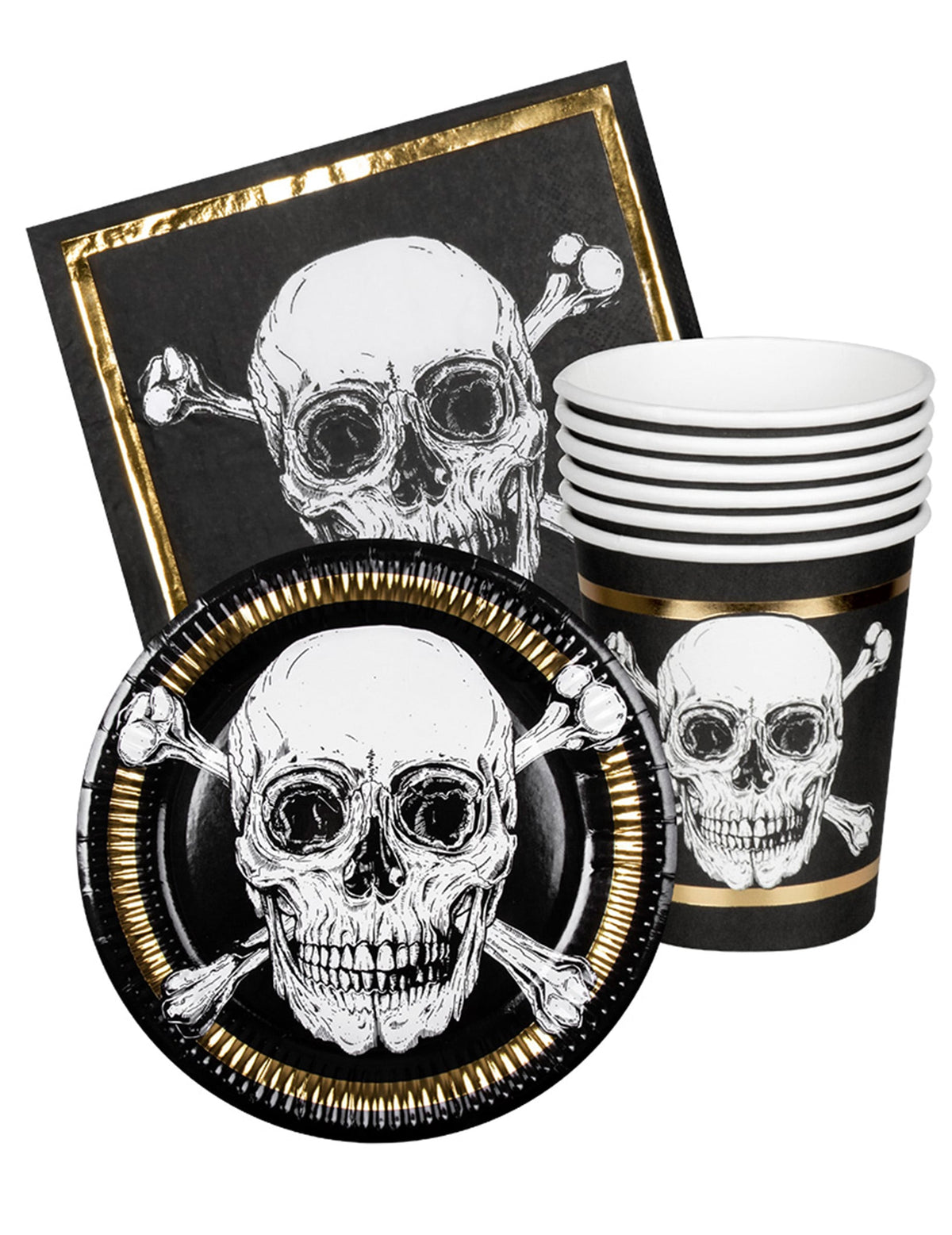 Kit de loiça Pirata Jolly Roger para 6 pessoas preto e dourado