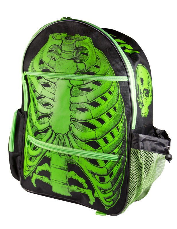 Mochila esqueleto verde e preto com padrão de caixa torácica e crânio