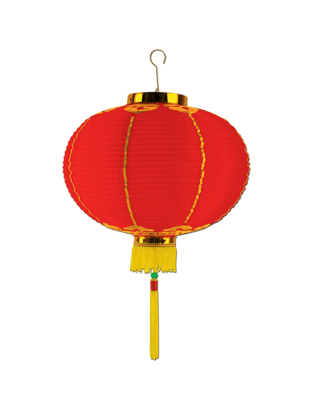 Lanterne chinoise pour décoration rouge avec liserés dorés et pompon jaune