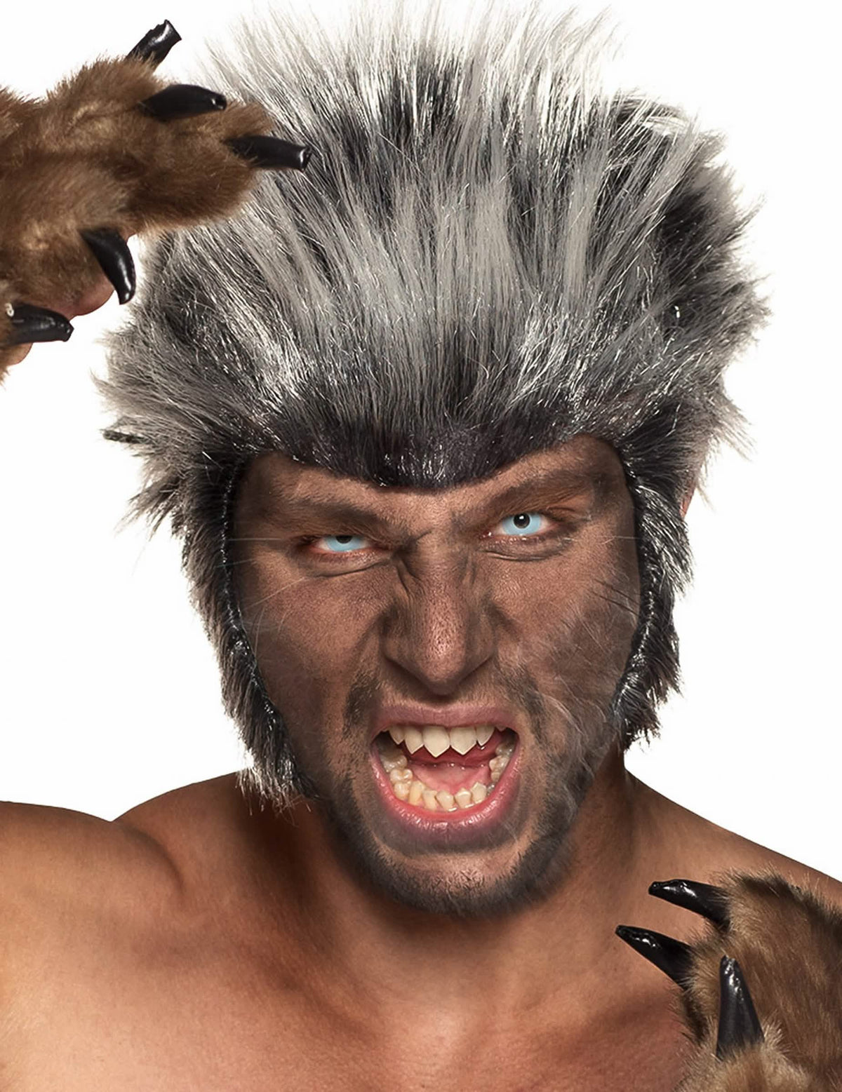Cenário com uma máscara de lobo-garou de lentes fantasia olho azul gelado