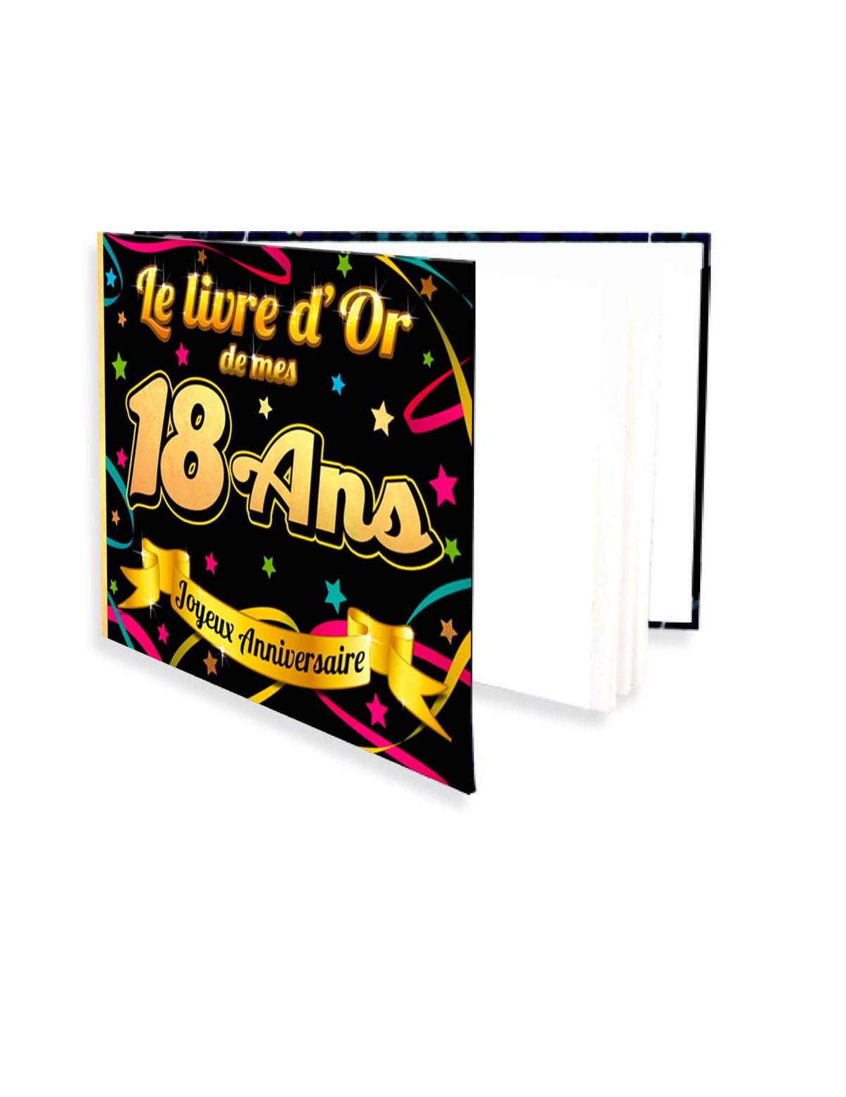 Livro de aniversário de 18 anos para adulto preto e dourado com motivos coloridos
