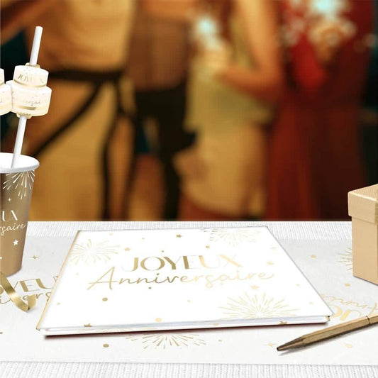 Livro de visitas de aniversário dourado e branco