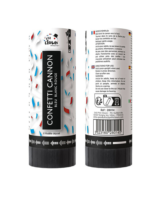 Lote de 2 canhões de confettis adepto azul, branco e vermelho 11 cm