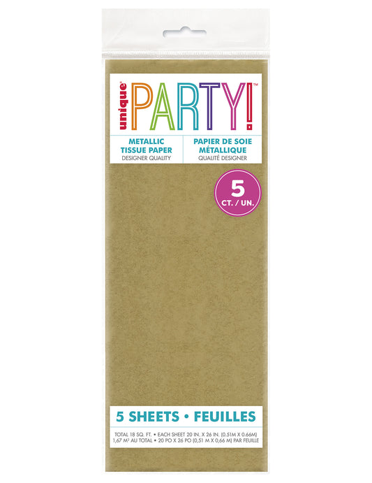 5 Folhas de papel de seda metalizado ouro