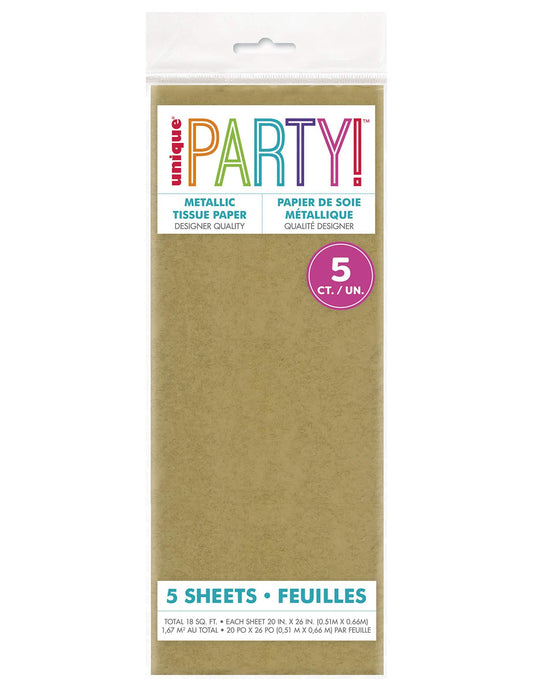 5 Folhas de papel de seda metalizado ouro