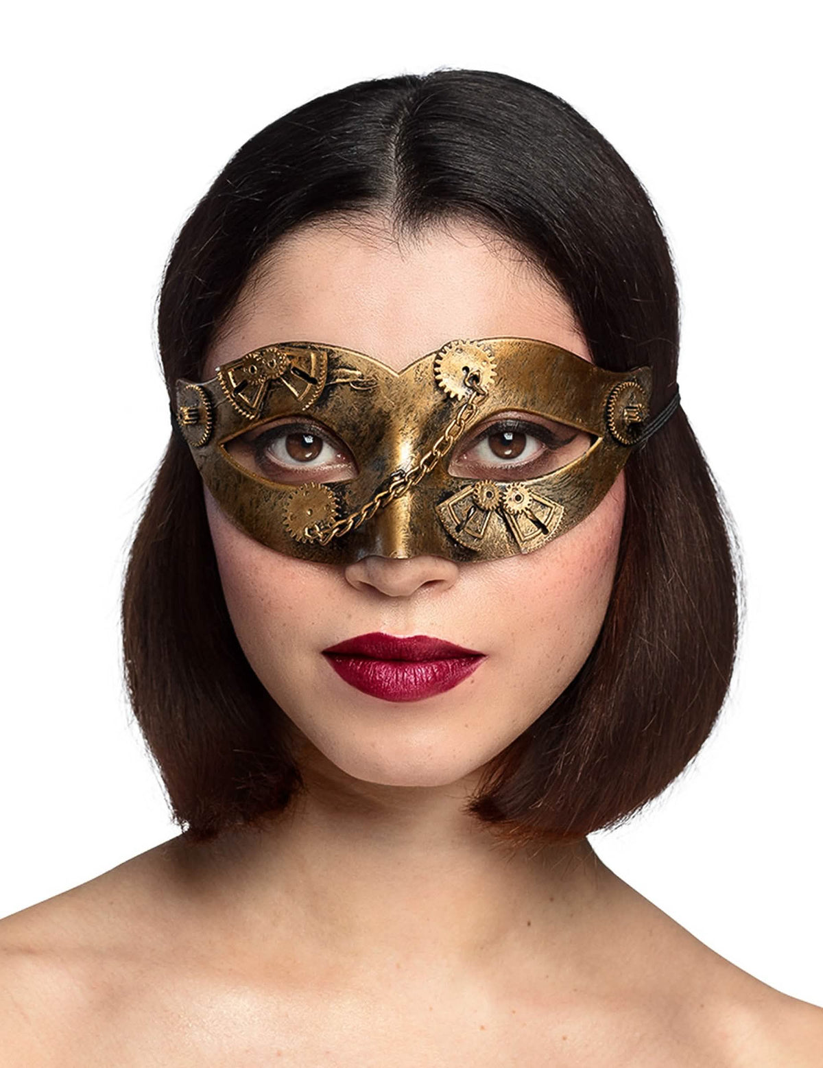 Grande plano dos mecanismos dourados da máscara steampunk para mulher