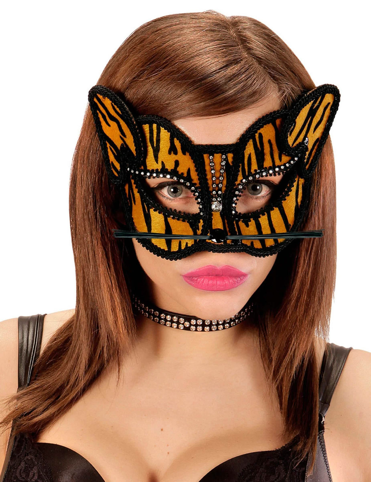 Máscara de tigre para adulto cor de laranja e preto com strass e bigodes