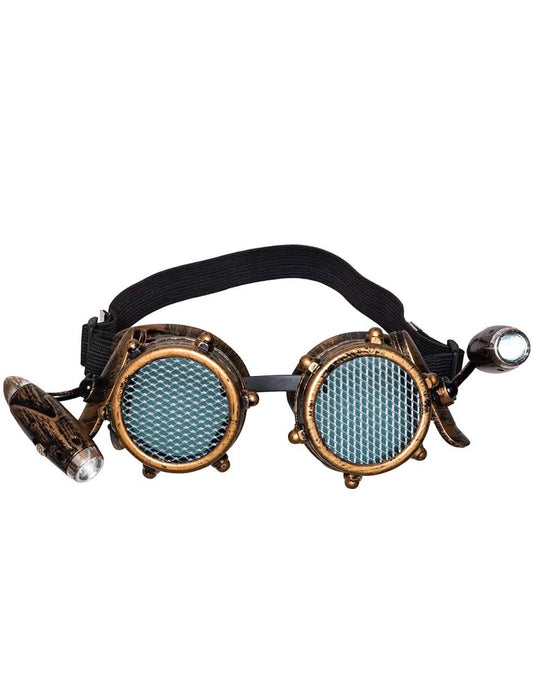 Détail des lampes latérales des lunettes avec lumière frontale steampunk pour adulte