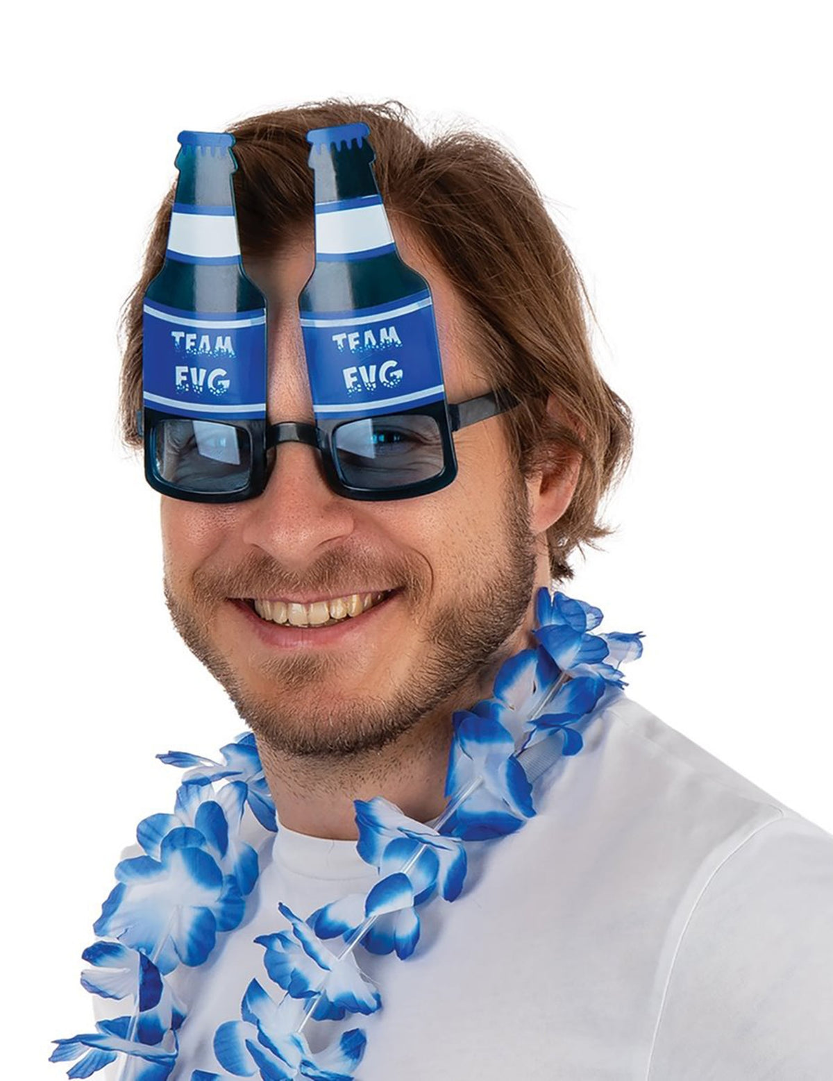 Vue de face des lunettes bouteilles de bière Team EVG