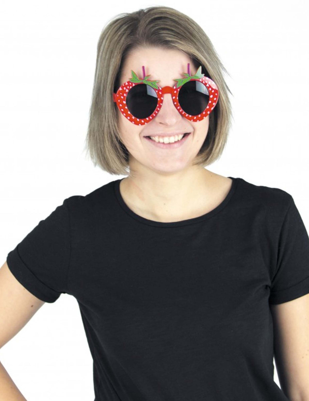 Lunettes fraise pour adulte rouge à pois blancs avec feuilles vertes