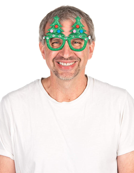 Vue de face des lunettes humoristiques sapins de Noël pour adulte