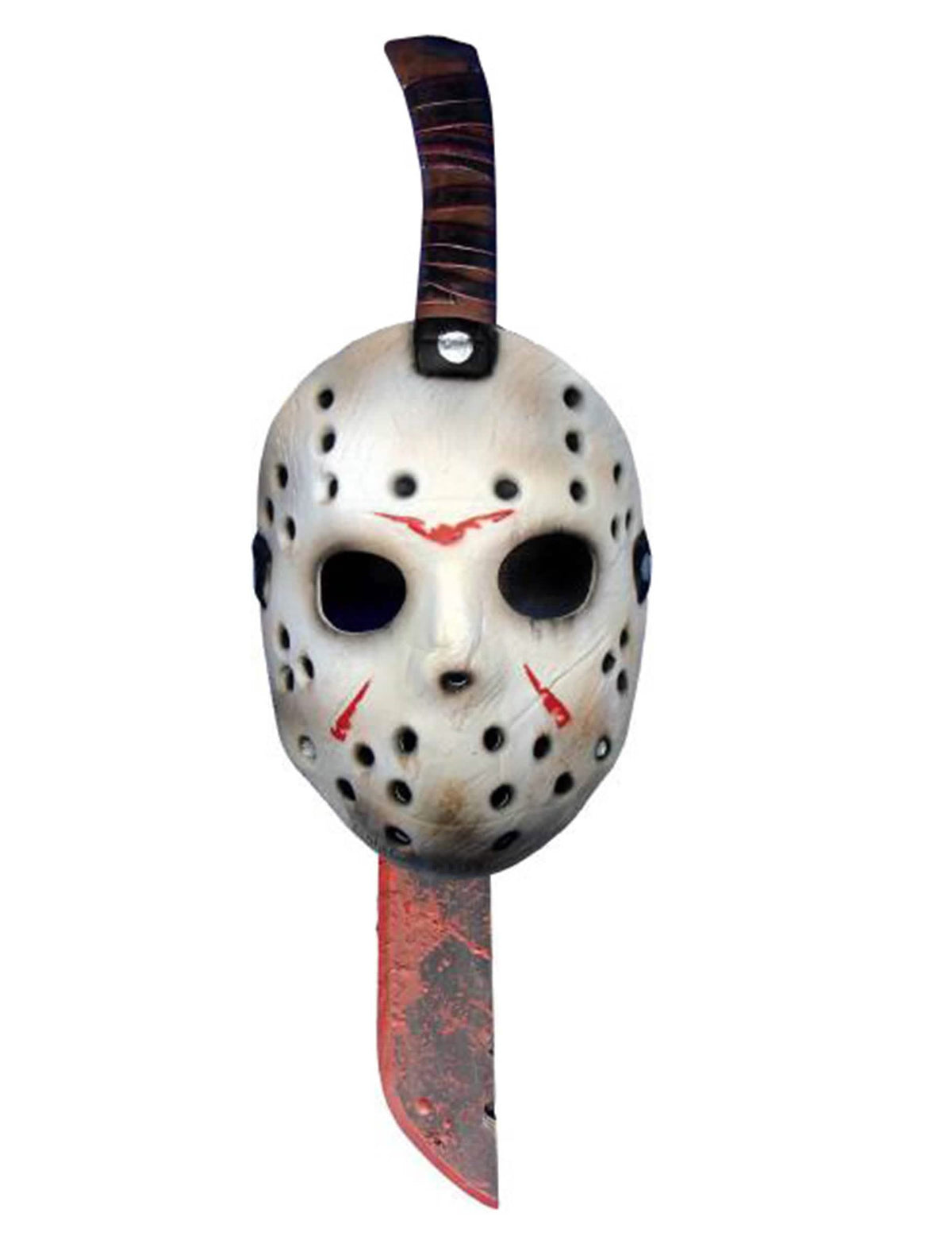 Machete e máscara de plástico Jason Sexta feira 13 para adulto branco com machete ensanguentada