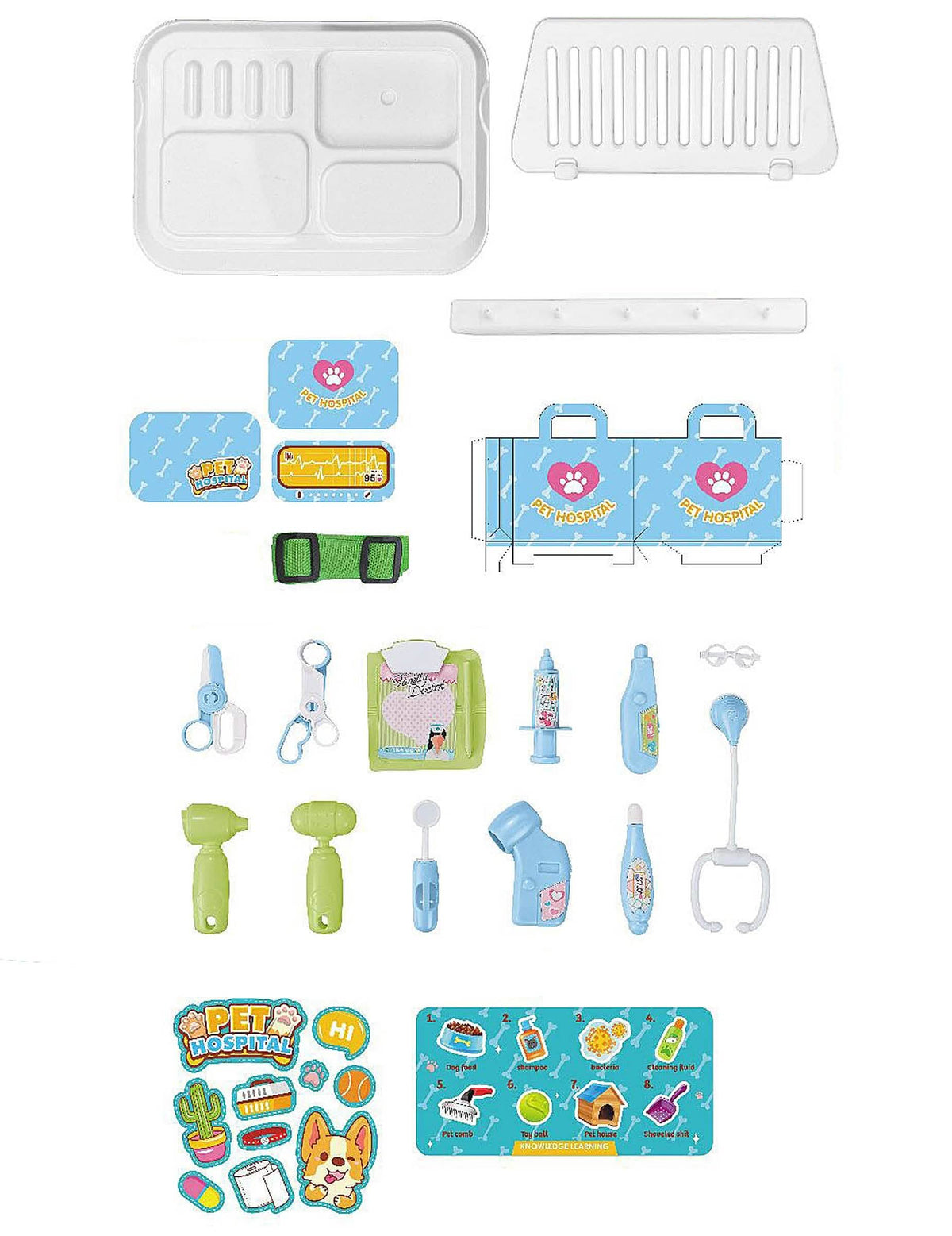 Detalhe de todos os acessórios do kit de jogo veterinário
