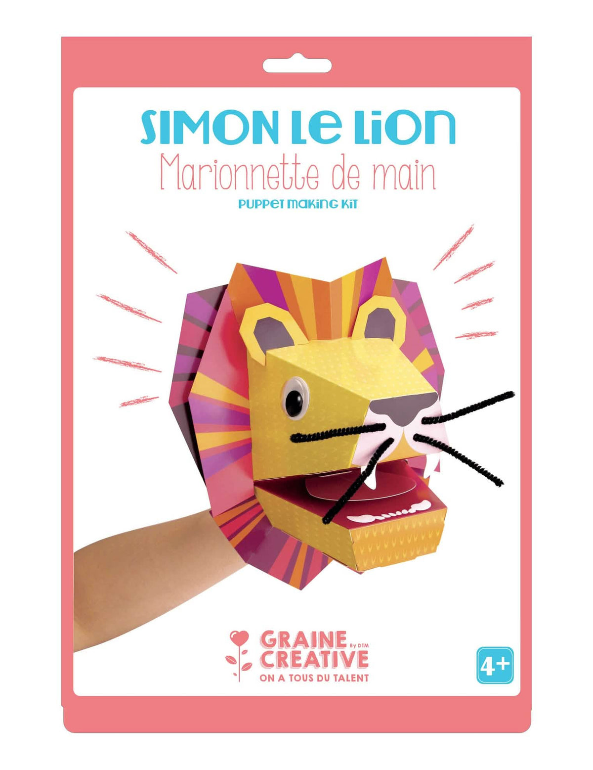 Marioneta de mão em cartão Simon, o leão para criança amarelo e cor de laranja, kit para construir
