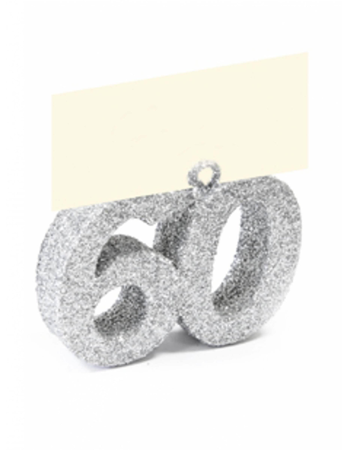 Marcador de lugar número 60 com glitter prateado com porta-nome