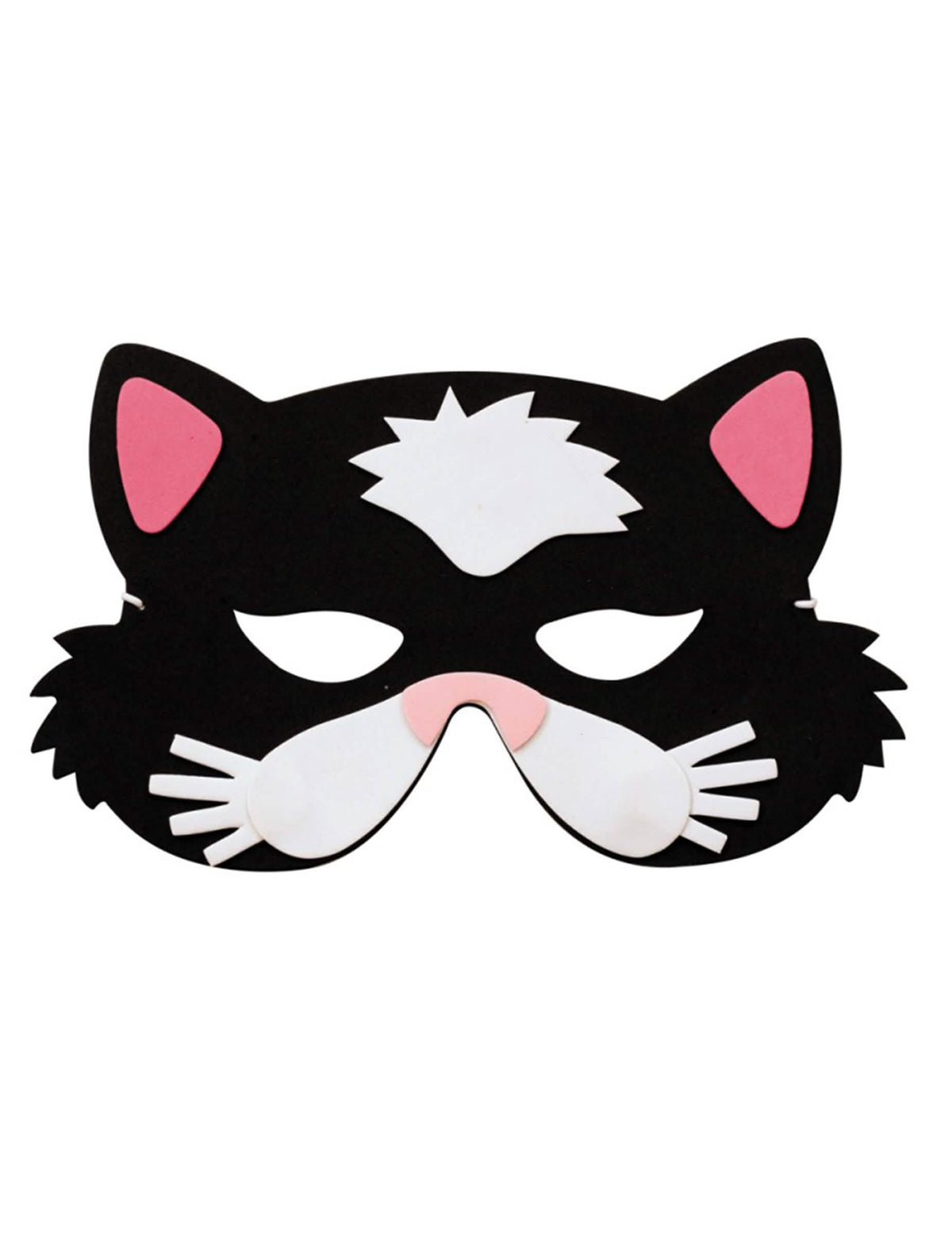 máscara de gato para criança preto e branco com detalhes cor-de-rosa