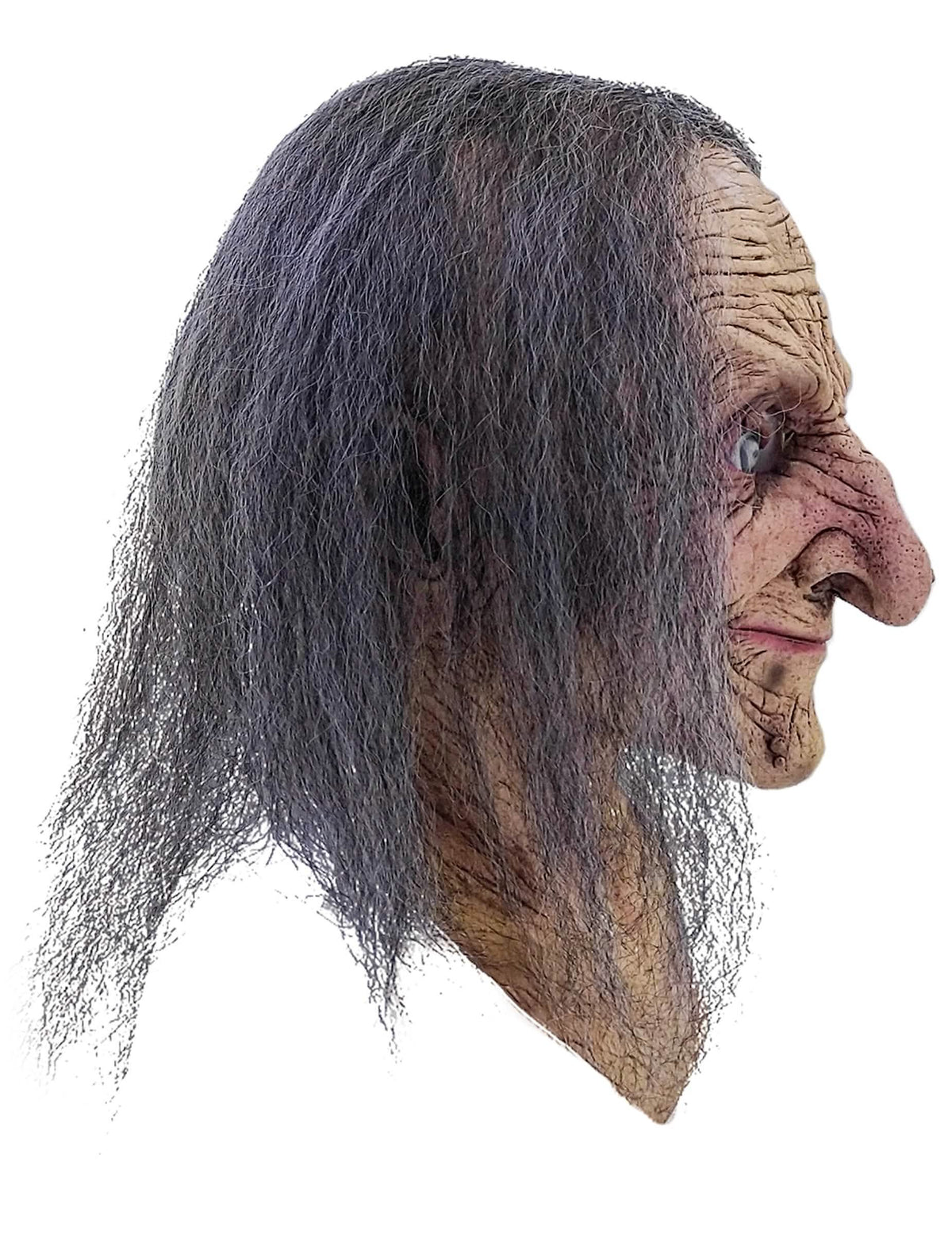 Vista de perfil da máscara integral de velha bruxa