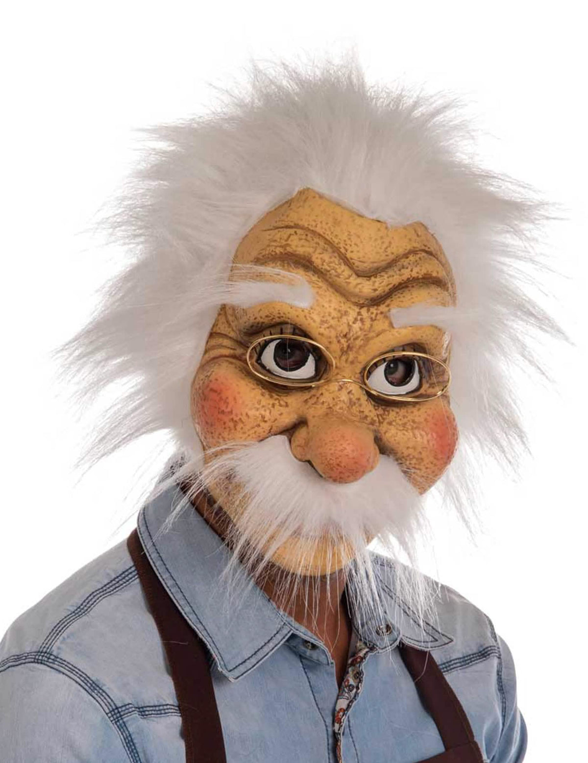 Máscara de látex Geppetto para adulto bege com cabelo e bigode brancos e óculos