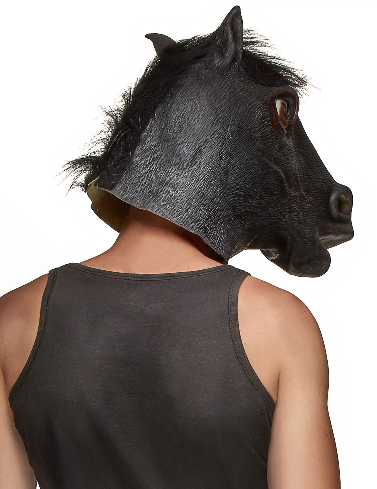 Vista traseira da máscara de látex cabeça de cavalo