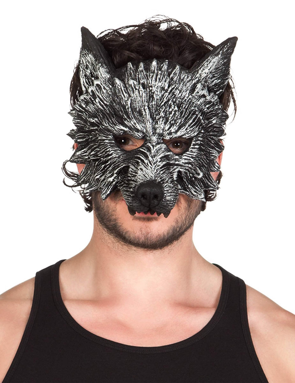 Máscara de lobo-garou para adulto preta e prateada com pelos texturizados