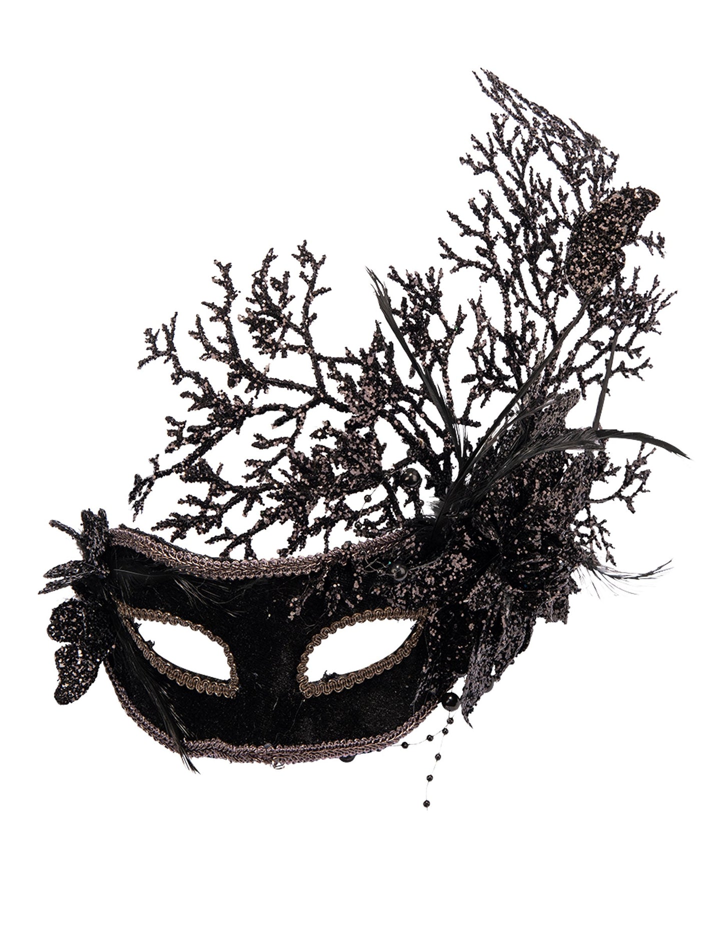 Masque avec fleurs pour femme noir à paillettes avec branches et plumes