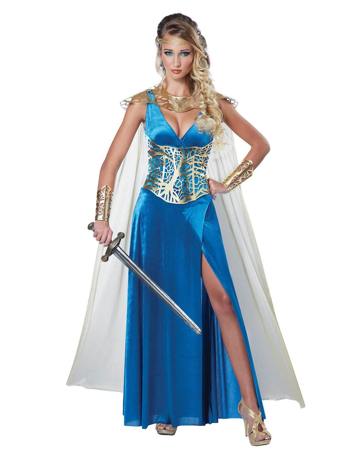 Fato de guerreira medieval sexy para mulher azul com corpete dourado e capa branca