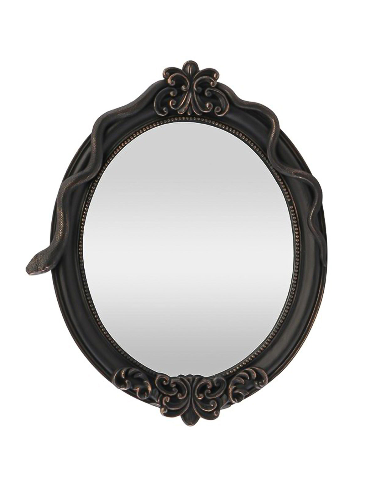 Espelho oval decorativo em resina com serpente preta 30 x 3 x 37 cm