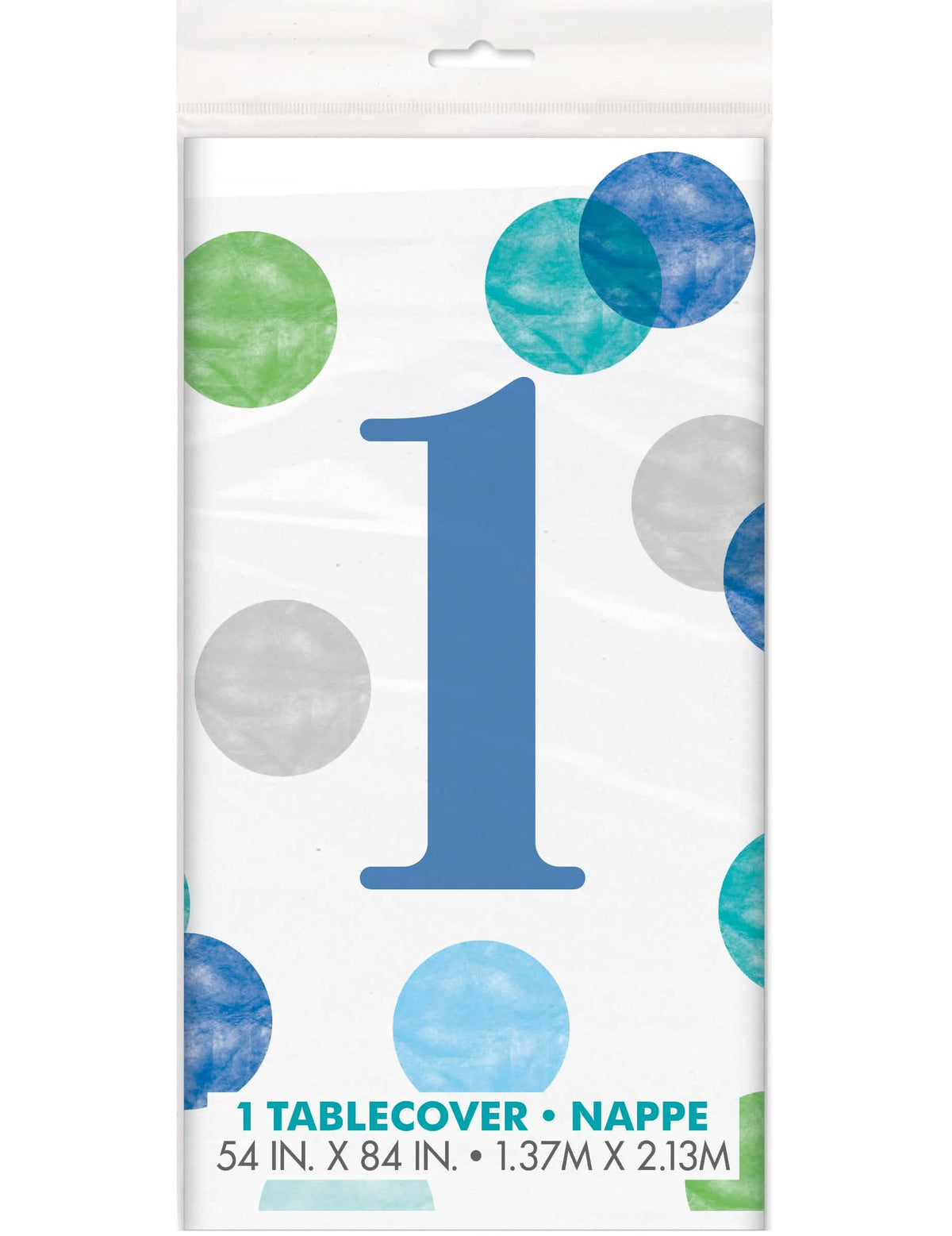Toalha de mesa de plástico para aniversário de 1 ano para criança, branca e azul com bolinhas pastel