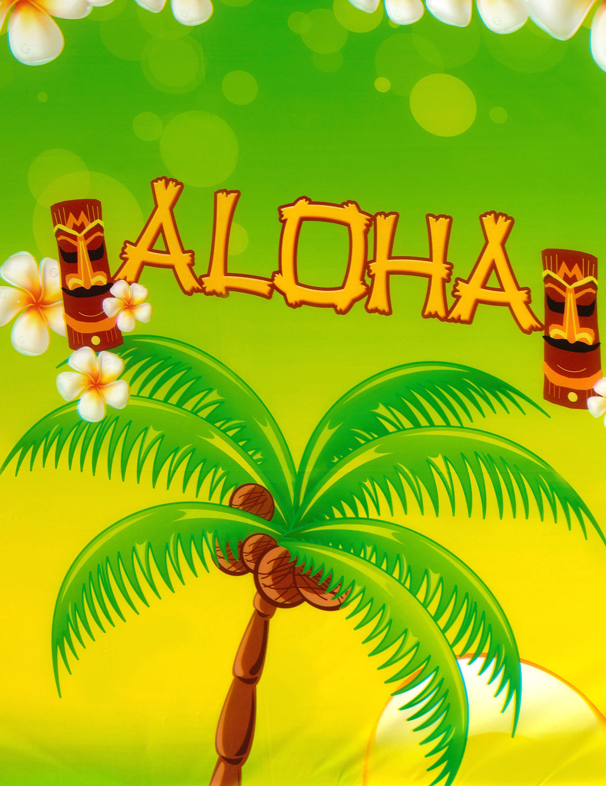 Gros plan sur l'imprimé tiki et palmier de la nappe en plastique Aloha