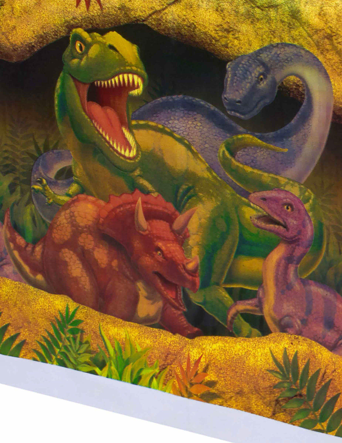 Detalhe das ilustrações de dinossauros da toalha de mesa em plástico aniversário Dinossaures
