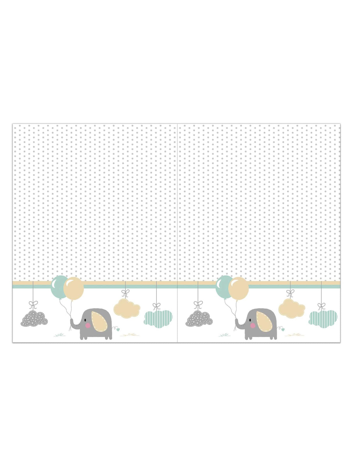 Toalha de mesa de plástico bebé elefante para baby shower branca com bolinhas cinzentas e motivos pastel