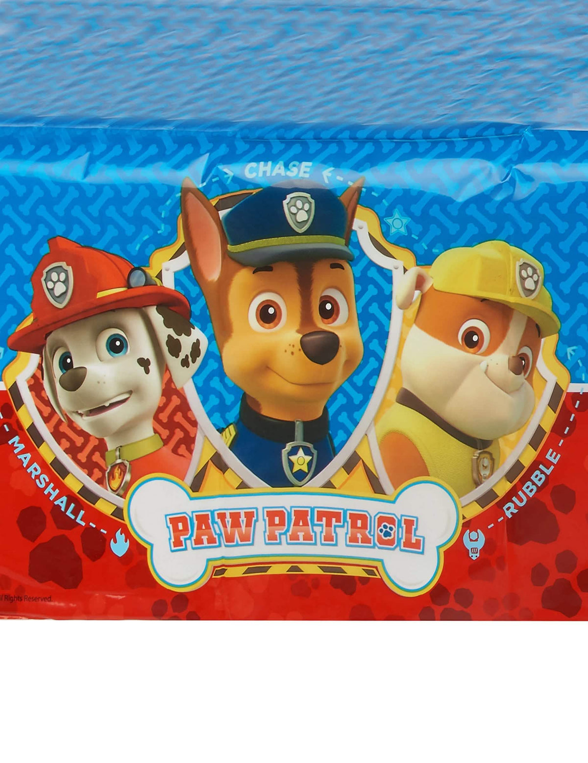 Detalhe da estampa com Marshall Chase e Rubble da toalha de mesa de plástico Patrulha Pata