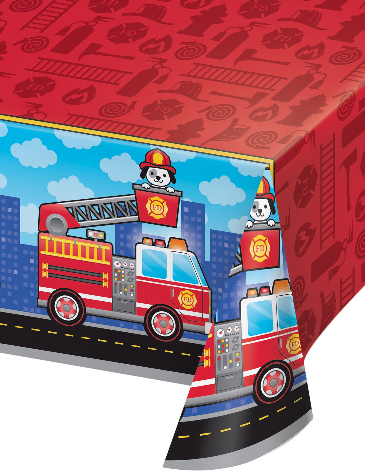 Toalha de mesa de plástico de bombeiros para aniversário, vermelha, com ilustração de camião e cão dálmata