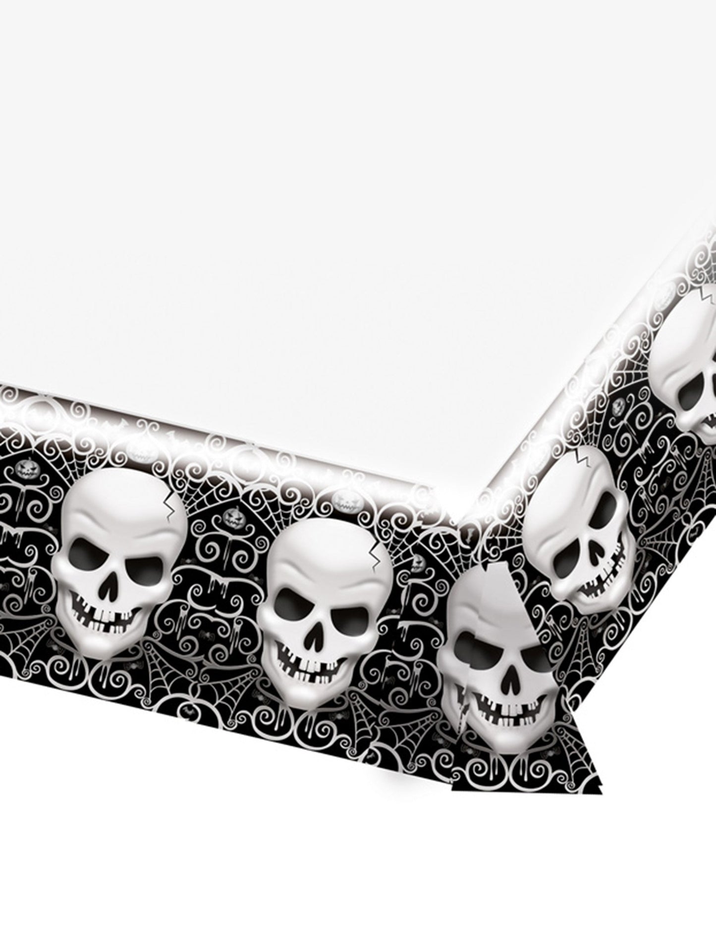 Nappe en plastique Tête de mort Halloween noir et blanc avec motifs de crânes et toiles d'araignée