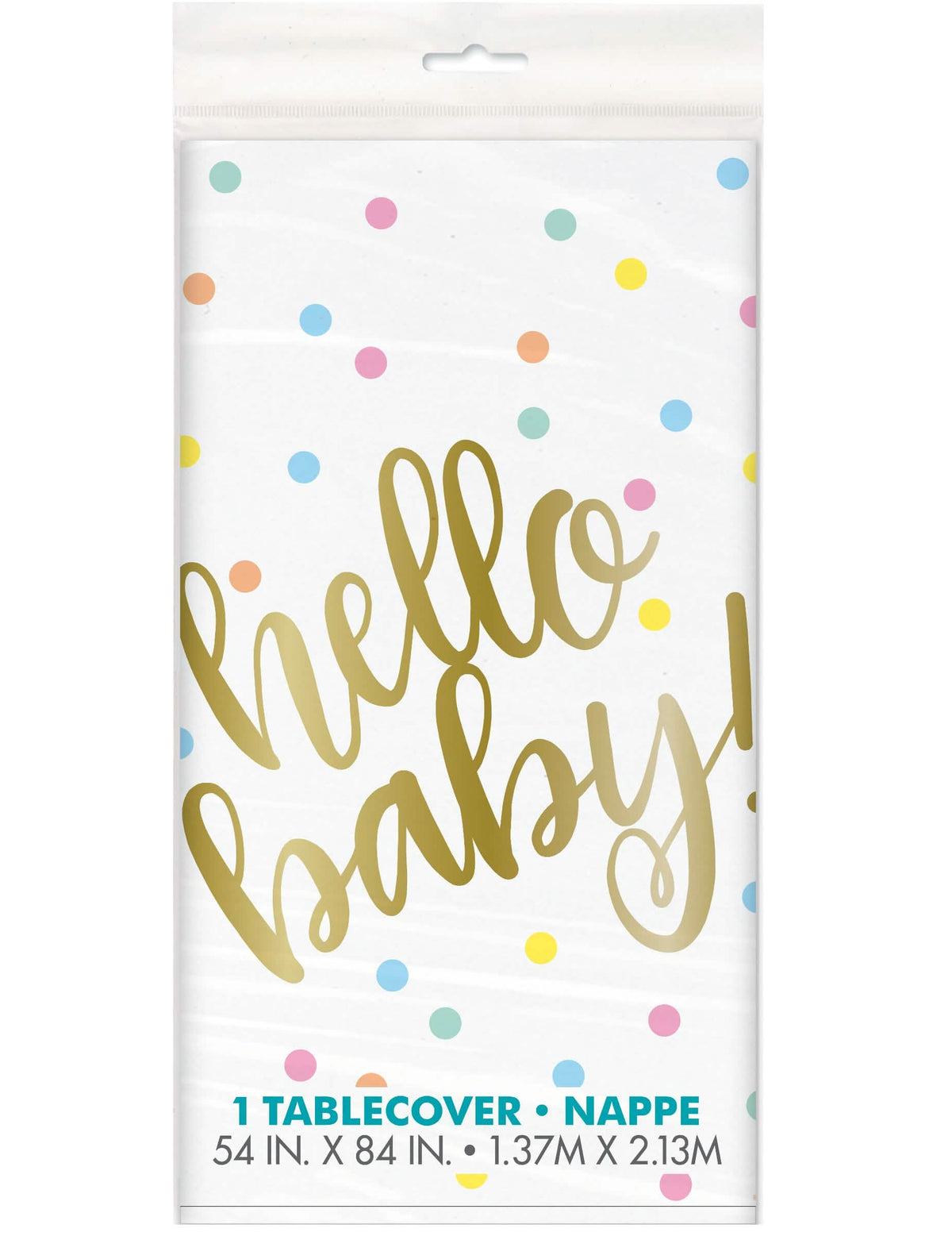 Toalha de mesa de plástico Hello Baby para festa de nascimento branca e dourado com bolinhas