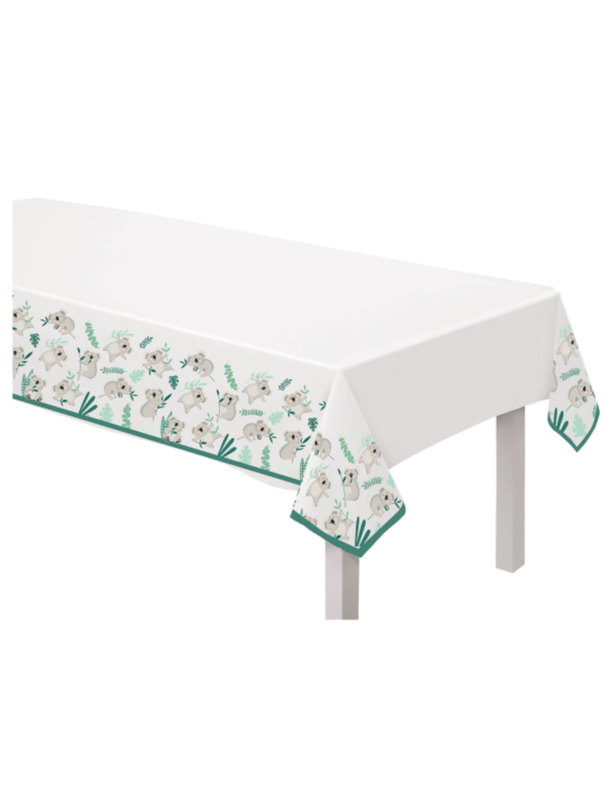 Nappe en plastique koala pour anniversaire blanche à motifs koalas et feuilles vertes