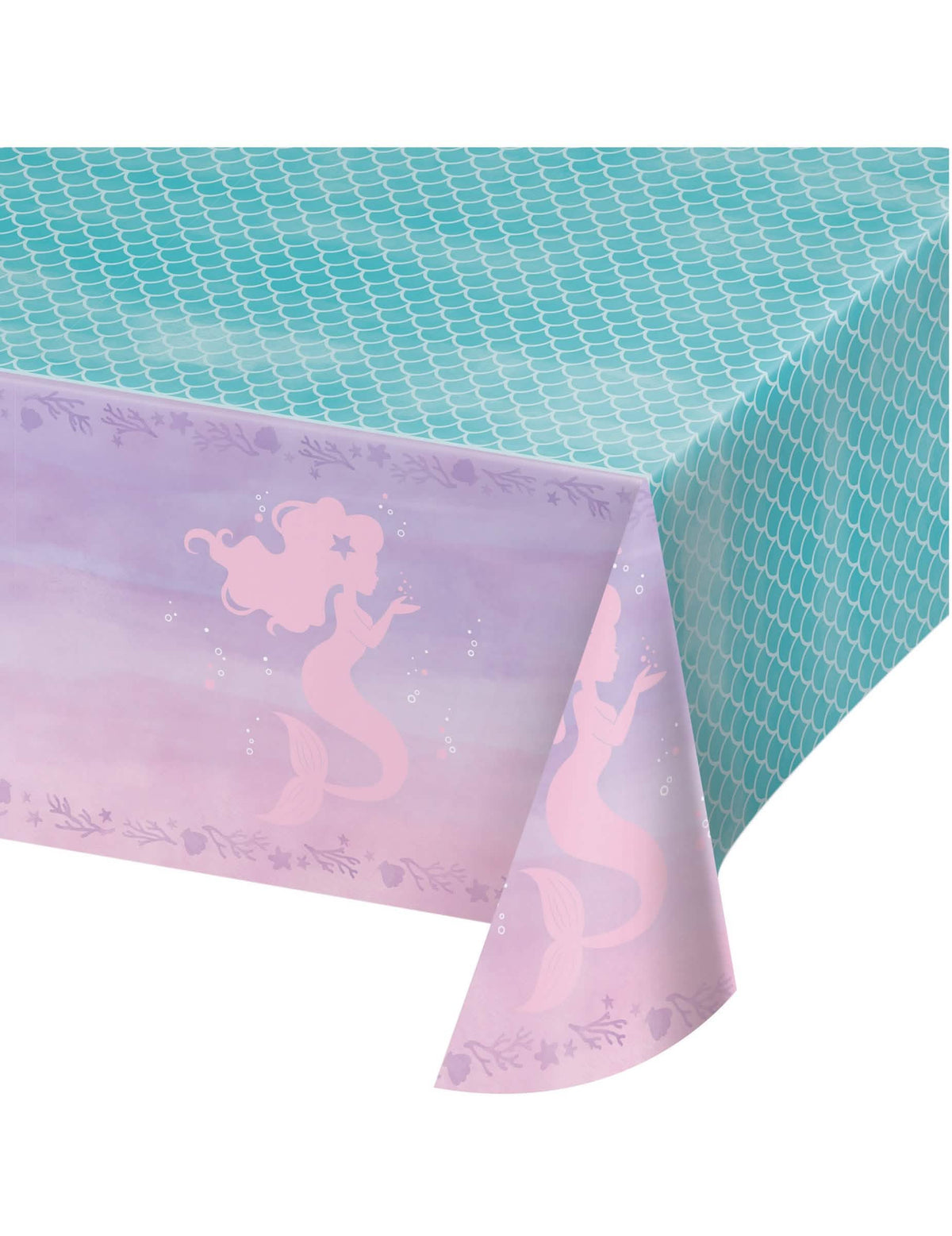 Toalha de mesa de plástico sereias iridescente para aniversário azul e cor de rosa com padrões de escamas