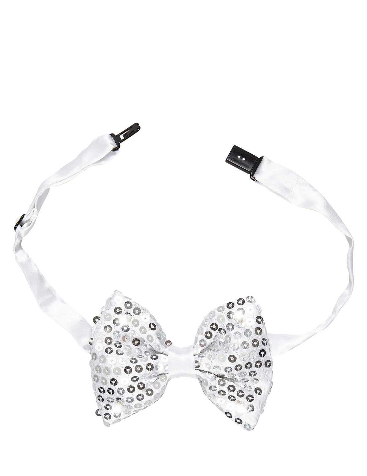Détail du système d'attache du noeud papillon avec sequins et LED clignotantes