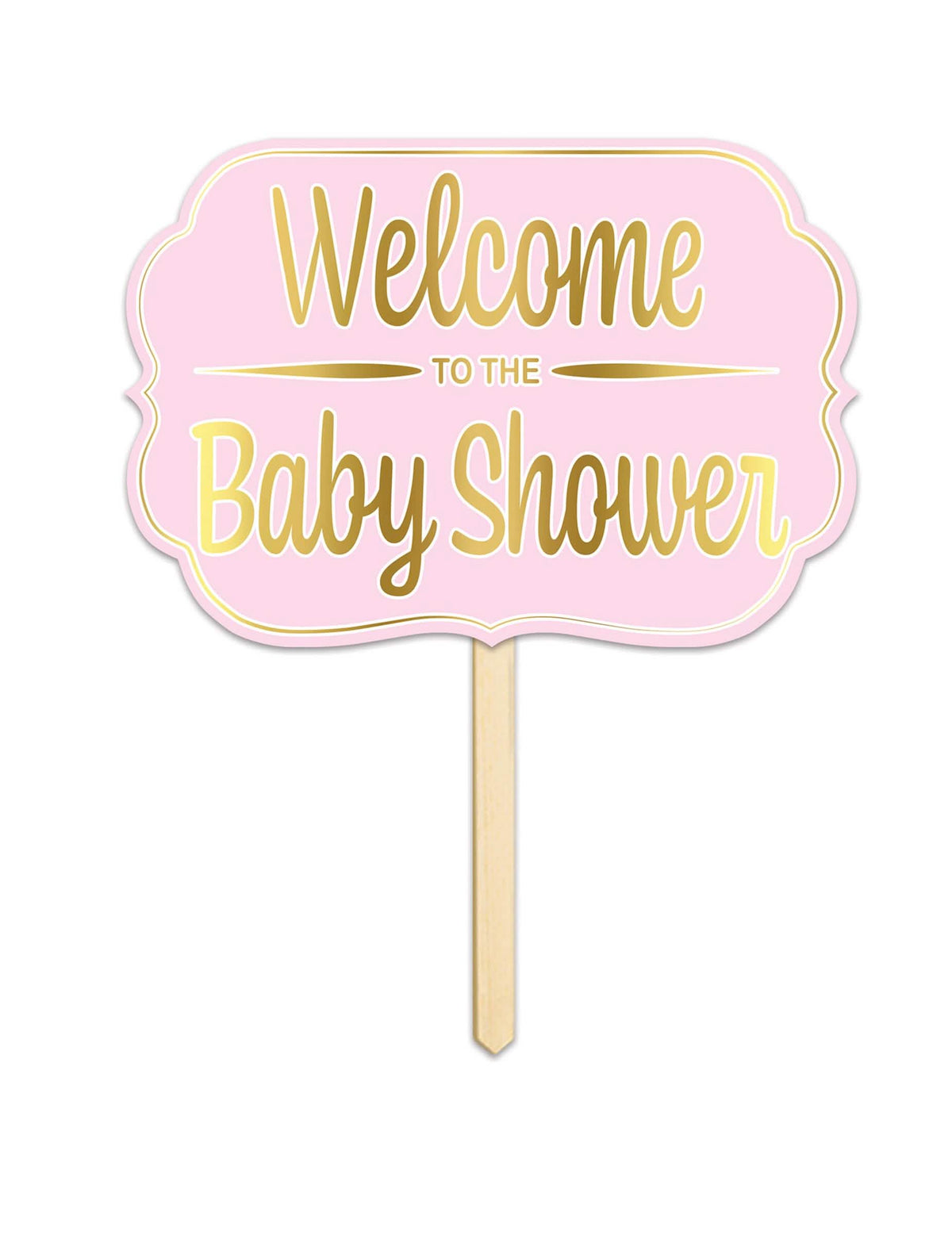 Painel em cartão Welcome to the baby shower para festa cor de rosa e dourado com haste de madeira