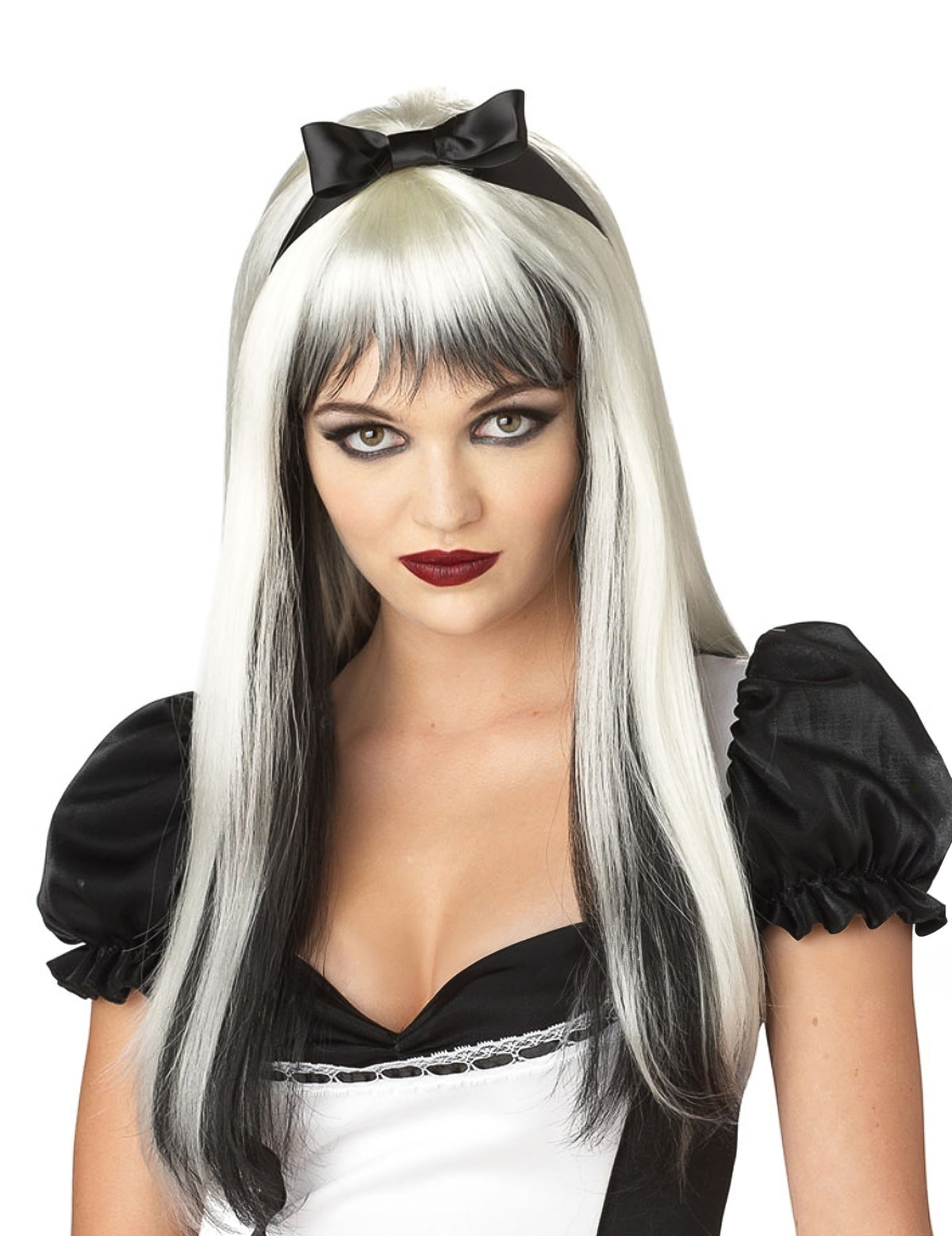 Perruque aux cheveux longs avec mèches pour adulte blanche et noire