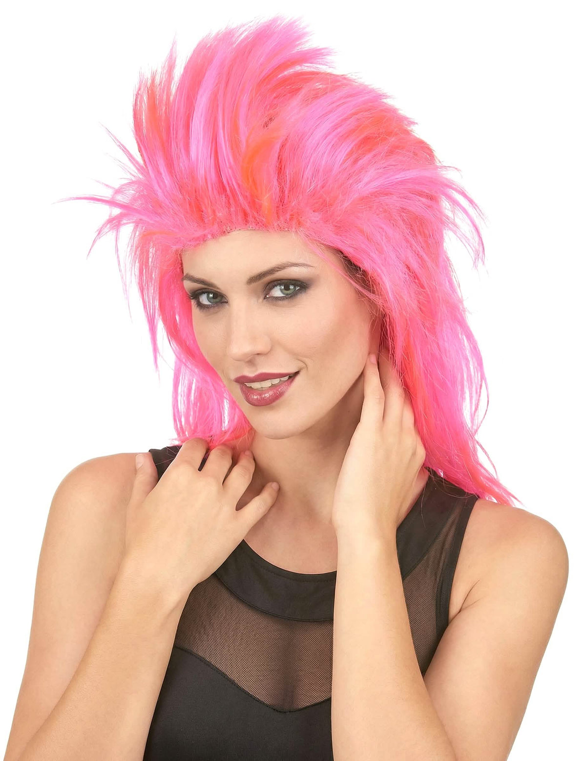 peruca de cantora de rock para mulher cor de rosa fluo