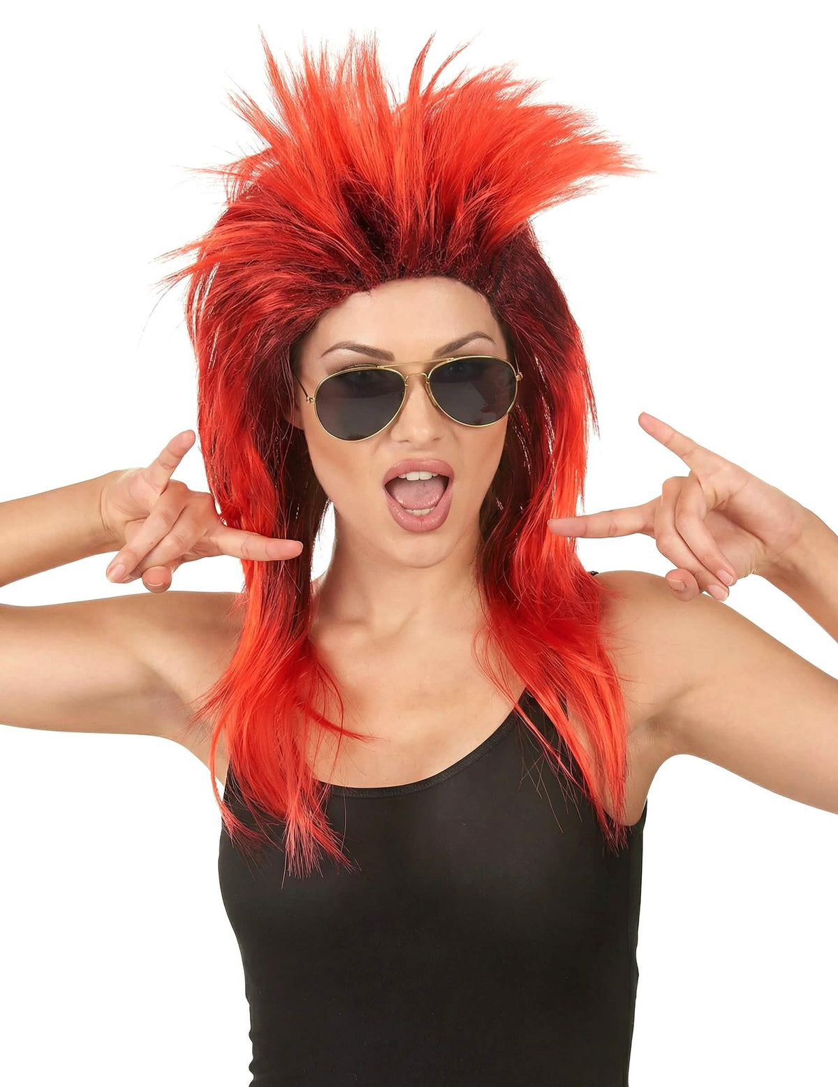 Peruca de cantora de rock para mulher vermelha e preta
